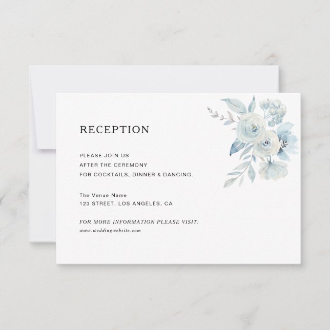 elegant dusty blue floral wedding reception card (Front)