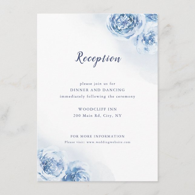 Elegant dusty blue floral wedding reception enclos enclosure card (Front)