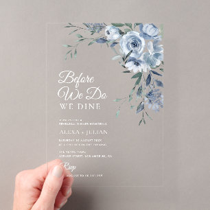 Elegant dusty blue floral wedding rehearsal acrylic invitations