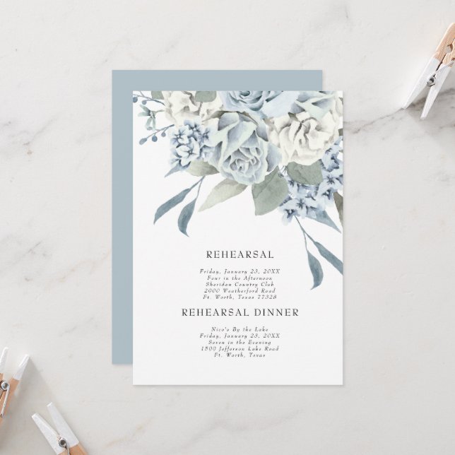 Elegant Dusty Blue Floral Wedding Rehearsal Invitation (Front/Back In Situ)