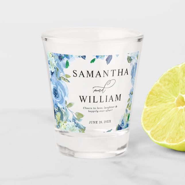 Elegant Dusty Blue Floral Wedding Shot Glass (Front)