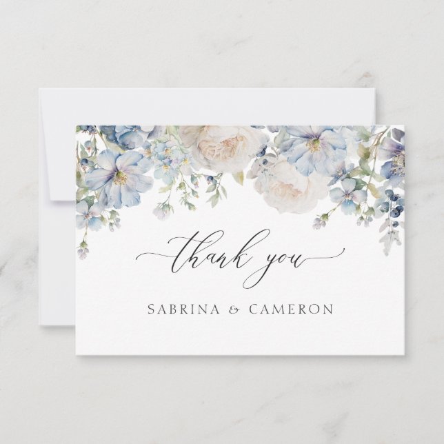 Elegant Dusty Blue Floral Wedding Thank You Card (Front)