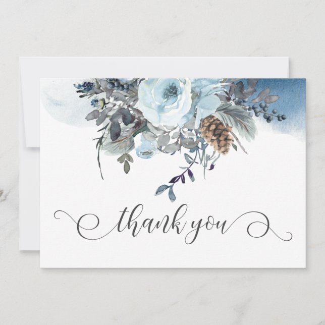 Elegant Dusty Blue Floral Wedding Thank You Card (Front)