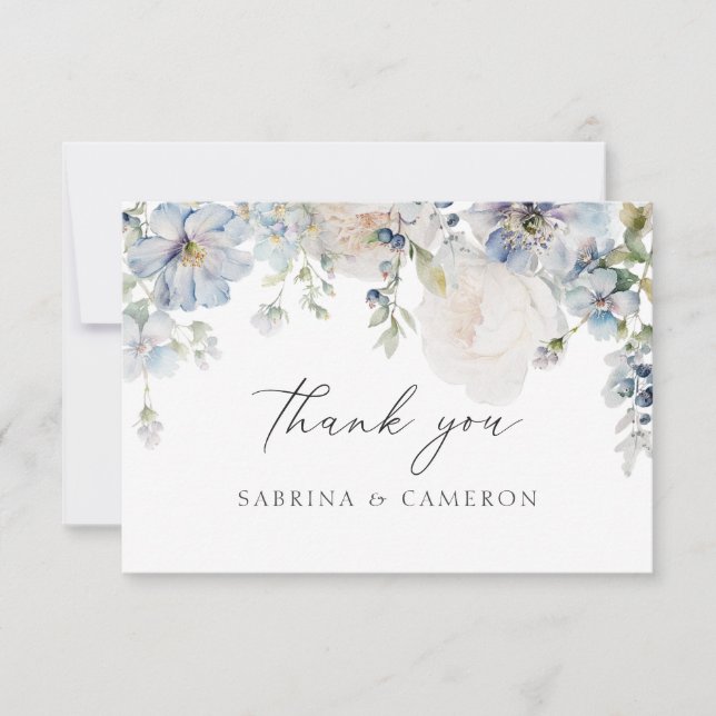 Elegant Dusty Blue Floral Wedding Thank You Card (Front)