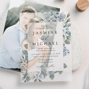 Elegant Dusty Blue Floral Wedding Vellum Invitations