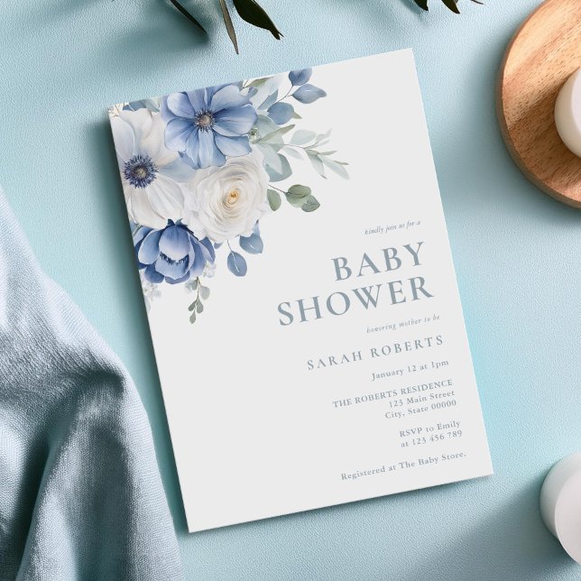 Elegant Dusty Blue Floral Winter Baby Shower Invitation (Creator Uploaded)