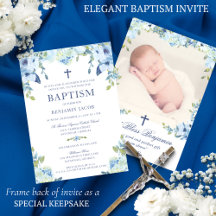 Elegant Dusty Blue Floral with Photo Baptism