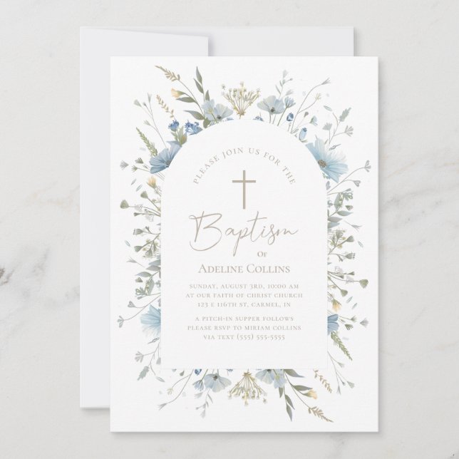 Elegant Dusty Blue Floral With Script Baptism Invitation (Front)
