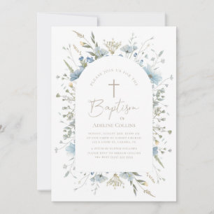 Elegant Dusty Blue Floral With Script Baptism Invitation