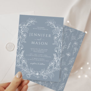 Elegant dusty blue floral wreath bohemian wedding invitation