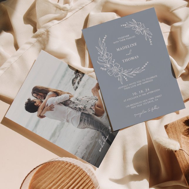 Elegant Dusty Blue Floral Wreath Photo Wedding Invitation (Creator Uploaded)