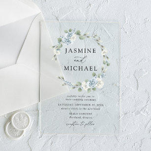 Elegant Dusty Blue Floral Wreath Wedding Acrylic Invitations