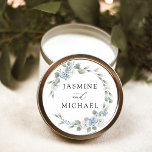 Elegant Dusty Blue Floral Wreath Wedding Classic Round Sticker<br><div class="desc">Add an elegant touch to your wedding envelopes and favours with Elegant Dusty Blue Floral wedding stickers. The stickers feature your names encircled by a wreath of dusty blue and white roses and hydrangeas with lush eucalyptus leaves and greenery. The dusty blue floral wedding stickers are perfect for your spring...</div>