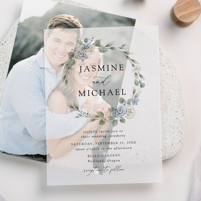 Elegant Dusty Blue Floral Wreath Wedding Vellum Invitations (Creator Uploaded)