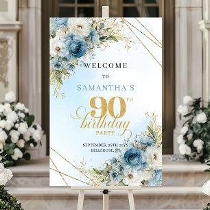 Elegant dusty blue florals gold frame 90 birthday poster