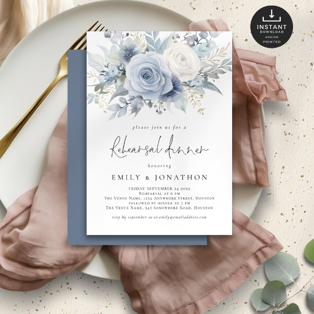 Elegant Dusty Blue Florals Rehearsal Dinner Invitation (Creator Uploaded)