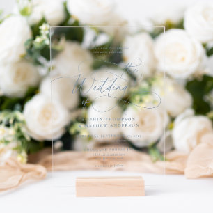 Elegant Dusty Blue Flourish Calligraphy Wedding Acrylic Invitations