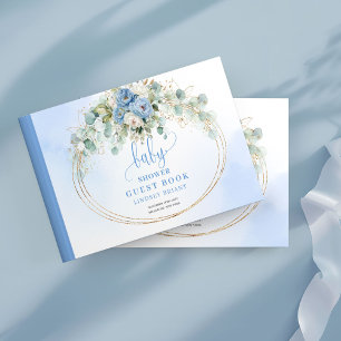 Elegant Dusty Blue Flowers Baby Shower Guest Book 
