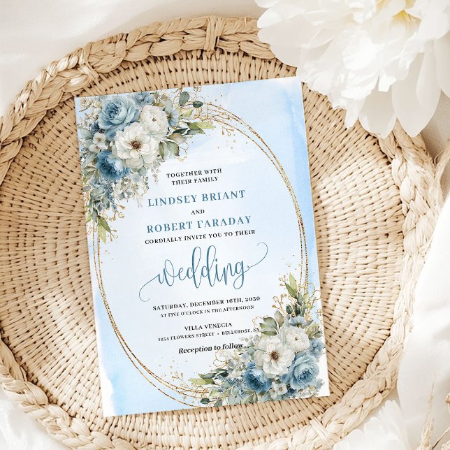 Elegant Dusty Blue Flowers Gold Wedding Invite (Elegant Dusty Blue Flowers Gold Wedding Invite)