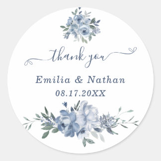 Elegant Dusty Blue Flowers Thank You Favour Classic Round Sticker