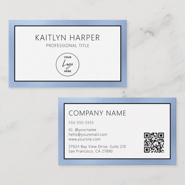 Elegant Dusty Blue Foil Edged Logo QR Code Business Card (Front/Back)