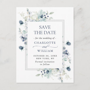 Elegant Dusty Blue Foliage Wedding Save the Date Announcement Postcard
