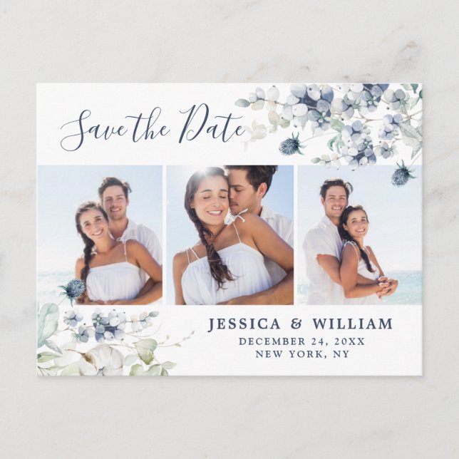 Elegant Dusty Blue Foliage Wedding Save the Date Announcement Postcard (Front)