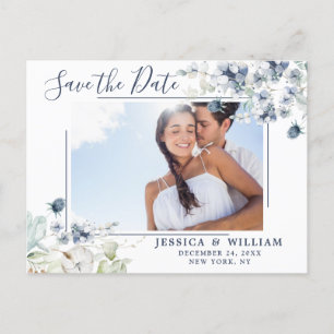 Elegant Dusty Blue Foliage Wedding Save the Date Announcement Postcard