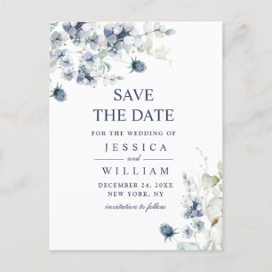 Elegant Dusty Blue Foliage Wedding Save the Date Postcard