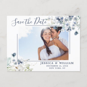 Elegant Dusty Blue Foliage Wedding Save the Date Postcard