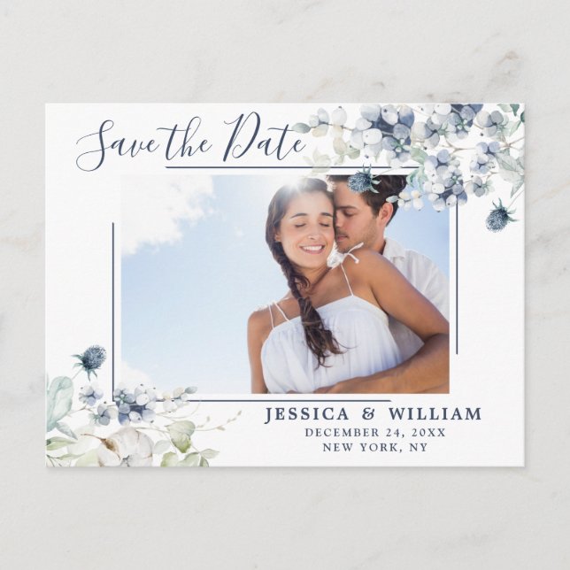 Elegant Dusty Blue Foliage Wedding Save the Date Postcard (Front)