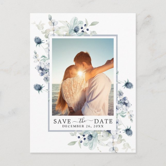 Elegant Dusty Blue Foliage Wedding Save the Date Postcard (Front)