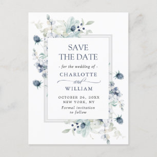 Elegant Dusty Blue Foliage Wedding Save the Date Postcard
