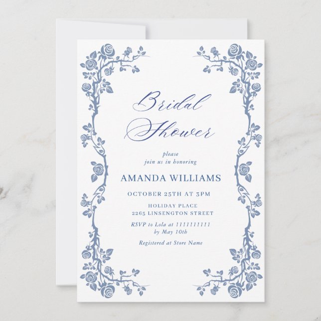 Elegant Dusty Blue French Garden BRIDAL SHOWER Invitation (Front)