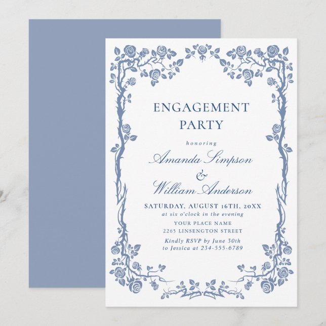 Elegant Dusty Blue French Garden ENGAGEMENT PARTY Invitation (Front/Back)