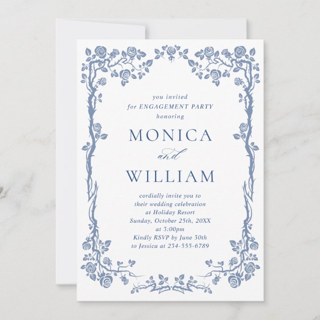 Elegant Dusty Blue French Garden ENGAGEMENT PARTY Invitation (Front)