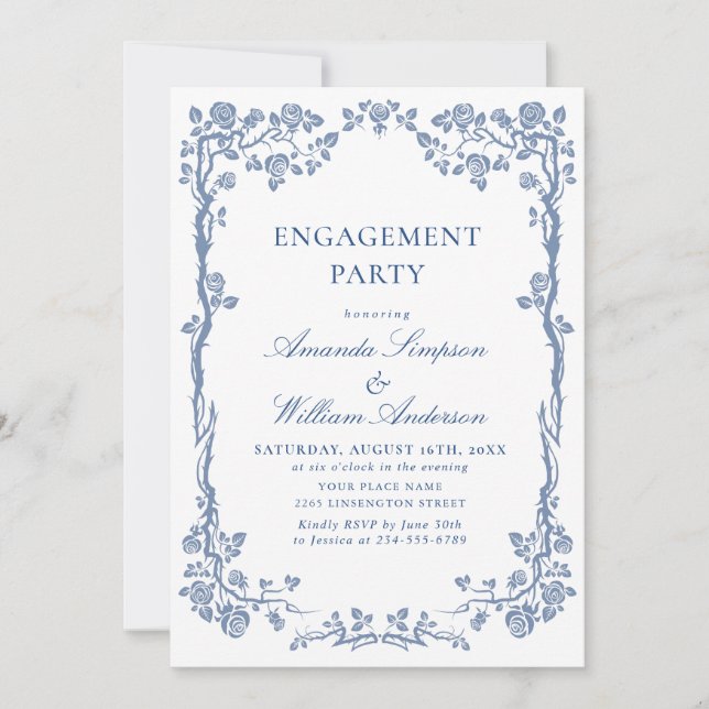 Elegant Dusty Blue French Garden ENGAGEMENT PARTY Invitation (Front)