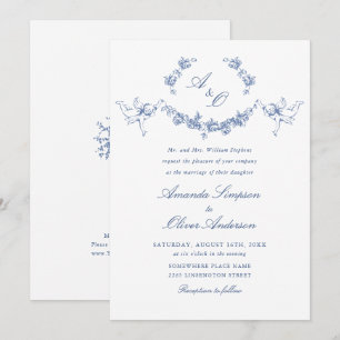 Elegant Dusty Blue French Garden Floral Wedding Invitation