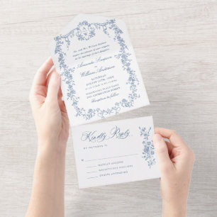 Elegant Dusty Blue French Garden Flowers Wedding All In One Invitation