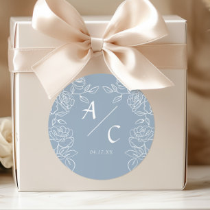 Elegant Dusty Blue French Roses Wedding Classic Round Sticker