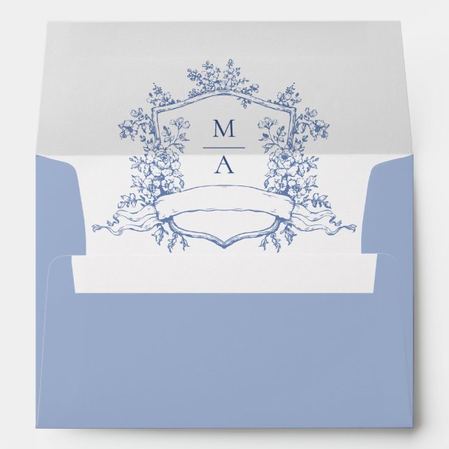 Elegant Dusty Blue French Toile Wedding Flowers Envelope (Back (Bottom))
