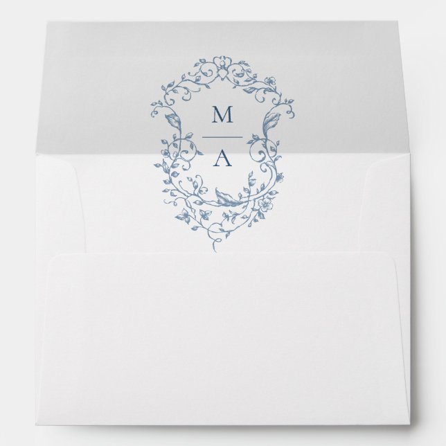 Elegant Dusty Blue French Toile Wedding Flowers Envelope (Back (Bottom))