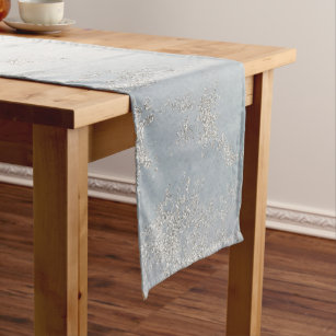 Elegant Dusty Blue Frosted Silver Foil Look Short Table Runner