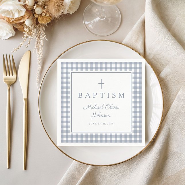 Elegant Dusty Blue Gingham Boy Baptism Napkin (Elegant Dusty Blue Gingham Boy Baptism Napkins)