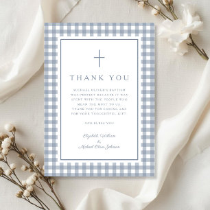 Elegant Dusty Blue Gingham Boy Baptism Thank You Card