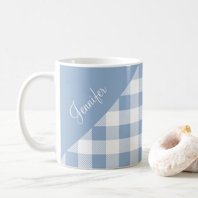 Elegant Dusty Blue Gingham Plaid Pattern Name Coffee Mug (With Donut)