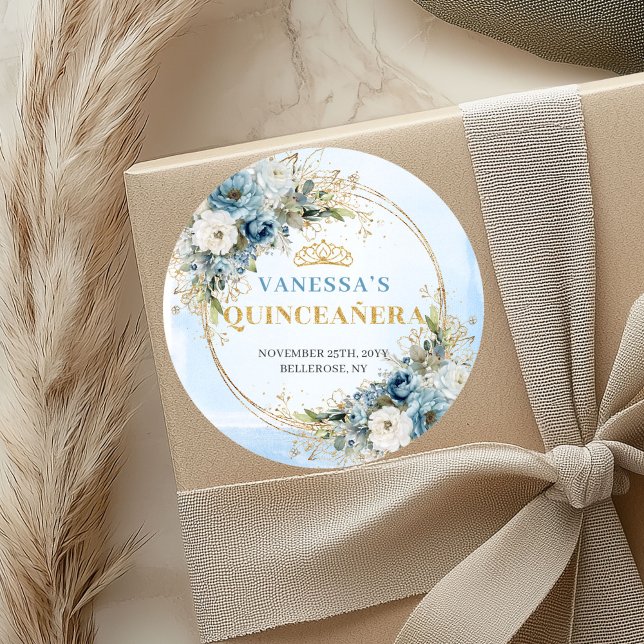 Elegant Dusty Blue Gold Eucalyptus Quinceañera  Classic Round Sticker (Elegant Dusty Blue Gold Eucalyptus Quinceañera Sticker)