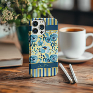 Elegant Dusty Blue Gold Floral Stripe Monogram iPhone 15 Pro Max Case