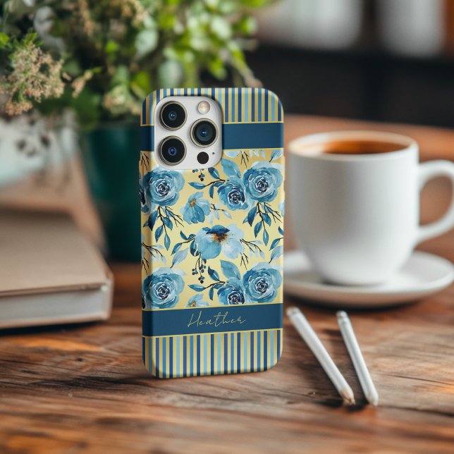 Elegant Dusty Blue Gold Floral Stripe Monogram iPhone Case (Creator Uploaded)