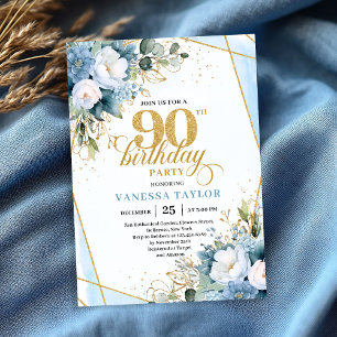 Elegant dusty blue gold frame 90th birthday invite